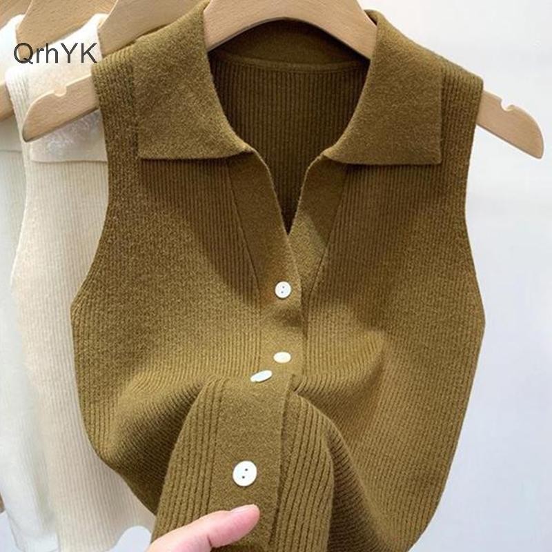 Thời Trang Nhà Máy Thời Trang Hàn Quốc Áo Vest Nữ Màu Trơn Ve Áo Không Tay Slim Top QrhYK