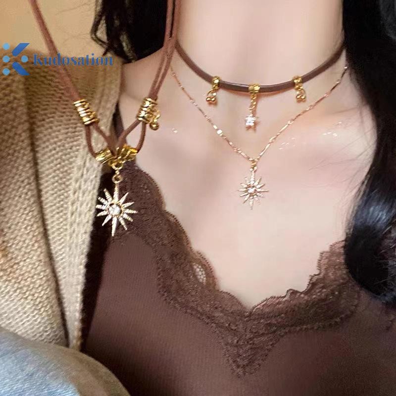Kudosation Thời Trang Nữ Vintage Da Vòng Cổ Choker Hai Lớp Ngôi Sao Mặt Dây Chuyền Trang Sức Dây Xích Có Thể Điều Chỉnh