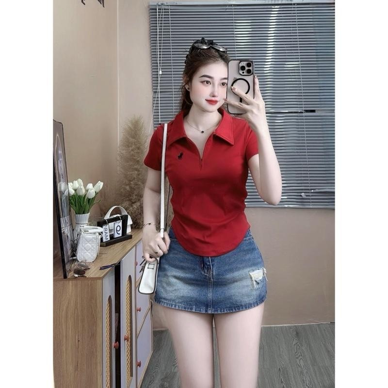 Áo thun polo ôm vừa - khoá kéo thêu ngựa vạt bầu hách dáng - S888