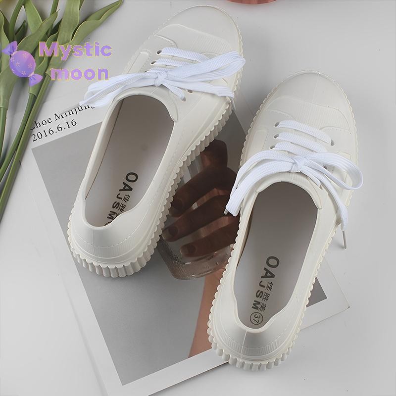 [Mystic] Giày nước cổ thấp có dây buộc màu trơn mới thời trang dành cho nữ mặc ngoài trời đế phẳng Giày đi mưa bốn mùa hàng ngày [Mới]