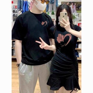 Mùa Hè Một Váy Một Mảnh Cặp Đôi Mặc Áo Thun Nam Nữ Phong Cách Tình Yêu Nữ Mùa Hè Đầm Áo Thun Phù Hợp Với nggfl