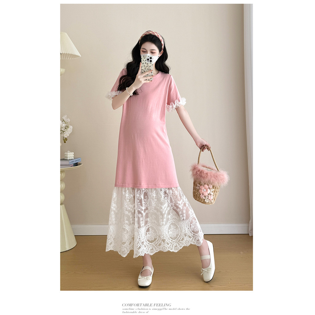 Trang phục bà bầu Mùa hè dệt kim khâu dáng rộng Plus Size Đầm
