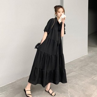[Đầm đen phong cách Hàn Quốc Đầm dài mỏng nhẹ] Đầm cỡ lớn mùa hè Váy buộc dây ngắn tay mùa hè dành cho nữ sinh viên phiên bản Hàn Quốc Váy một mảnh dáng rộng dáng rộng dáng ôm hơn Phong cách Preppy Váy bánh dài vừa phải Quần áo nữ cỡ lớn hợp thời trang