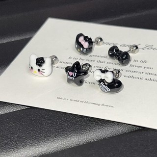 Bán chạy Thời Trang Đen Da Mèo Kitty Series Bông Tai Thép Titan