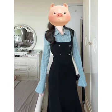 【Bess's house】váy nữ bigsize，váy ôm body，váy sang chảnh，váy đẹp cho nữ sang chảnh，Plus Size Nữ Giả Hai Mảnh Dài Tay Thu Đông Tính Khí Cao Cấp Điều Khiển Eo Dài Giảm Béo Slim Fit Hơi Béo，váy tiểu t