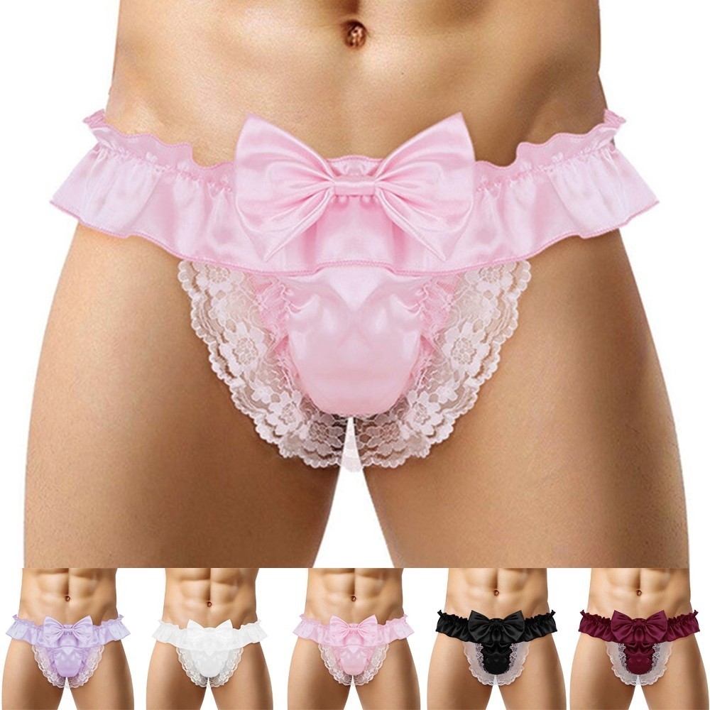 {WELV}Men's Sexy Satin Lace See Through Panties G String Thong Briefs Lingerie