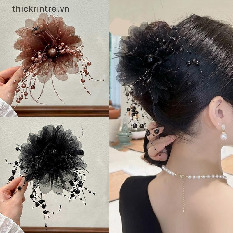 THI Thời Trang Lưới Đen Hoa Nữ Đuôi Ngựa Kẹp Mũ Đội Đầu Tính Khí Hoa Tóc Móng Vuốt Mũ VN