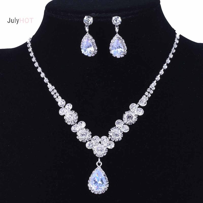 Julyhot Giọt Nước Zircon Mặt Dây Chuyền Vòng Cổ Bông Tai Bộ Thanh Lịch Tinh Tế Pha Lê Dây Chuyền Nữ Cô Dâu Phù Dâu Trang Sức Cưới Massivedeals