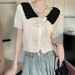 Meisha888 Mùa Hè Búp Bê Cổ Tay Ngắn Dệt Kim Áo Thun Nữ Sang Trọng Crop Top Đẹp