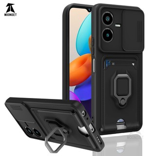 Dành Cho Vivo Y22s / Y22 4G Ốp Lưng 4 Trong 1 Trượt Camera Bao Đựng Thẻ Đứng Vuông Freebie Dây Chống Sốc Chống Rơi Mỏng Mềm TPU Cover