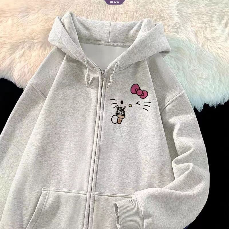 Phiên bản Hàn Quốc của Áo len Cardigan có mũ trùm đầu Hello Kitty dễ thương dành cho nữ Xuân Thu Áo khoác phần mỏng mới [BL]