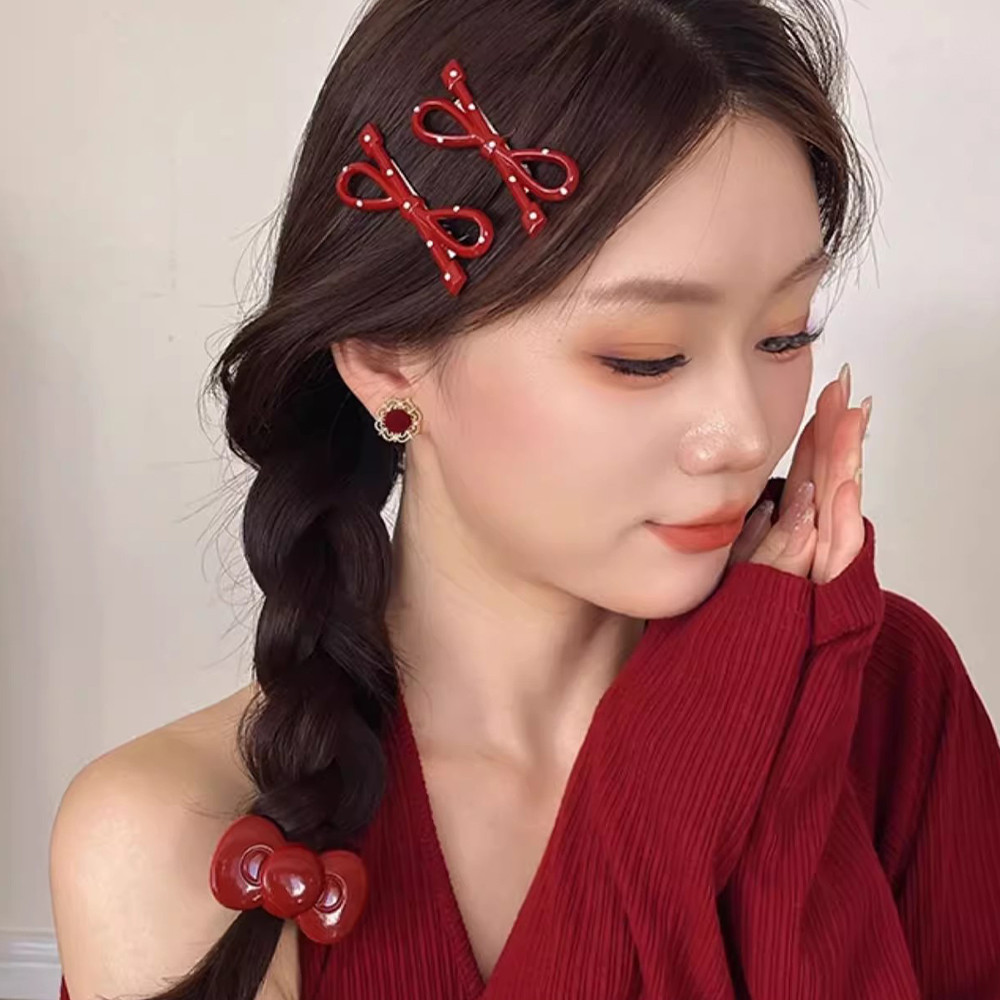 1 / 2 Cặp Kẹp Tóc Nơ Chấm Tròn - Kẹp Tóc Nơ Đỏ Phong Cách Y2K - Cô Gái Ngọt Ngào Dễ Thương Bên Nổ Mỏ Vịt Kẹp - Phụ Kiện Tóc Năm Mới Giáng Sinh Thời Trang