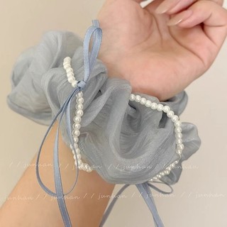 [Sản phẩm phúc lợi] Quiet Starry Sky Blue Bow Pearl Scrunchy Hair Ring Nữ Cao Cấp Phong Cách Hàn Quốc Satin Headband Phụ Kiện Tóc