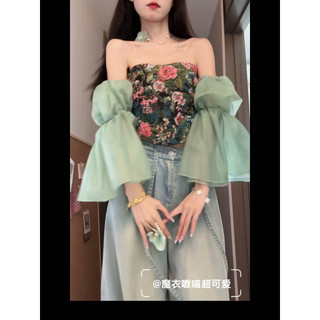 Phong cách Thái!Áo sơ mi thẩm mỹ cổ điển tay phồng hoa Niche Sling!]Tính khí T [Vai!Áo Vest đẹp