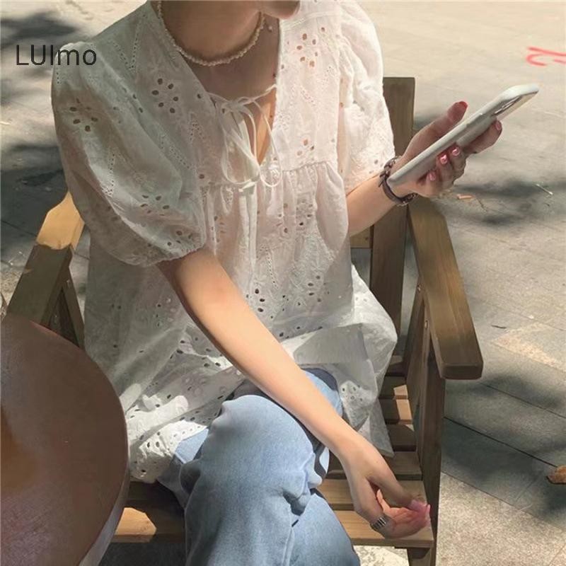 Luimo Áo Nữ Rỗng Ra Tay Phồng Phù Hợp Với Đầm Ren Cổ Chữ V Mỏng Mùa Hè Rời Thời Trang Chắc Chắn Đơn Giản Thường Ngày Nữ Thoáng Khí Ấm Áp Ins Mini Dress SBS
