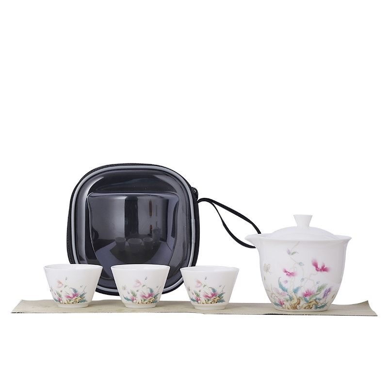 ✨Bộ trà du lịch Suet Jade & Một nồi Ba cốc & Túi xách tay & Ấm trà di động ngoài trời