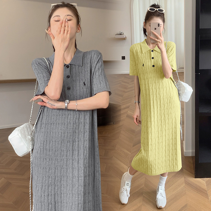 Trang phục bà bầu Mùa hè Phong cách mới Cổ áo POLO Váy dài vừa phải