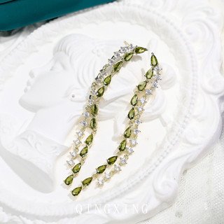 Châu Âu Mỹ ins Phong Cách Mới Xanh Ô Liu Dài Giọt Nước Zircon Bông Tai Nữ