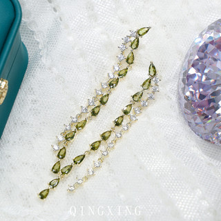 Châu Âu Mỹ ins Phong Cách Mới Xanh Ô Liu Dài Giọt Nước Zircon Bông Tai Nữ
