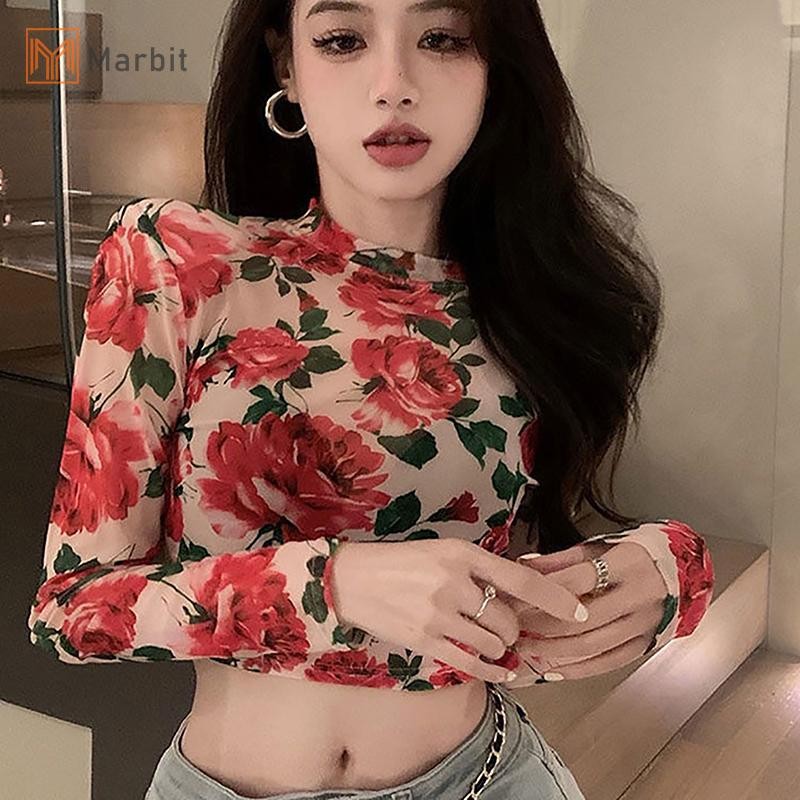 Marbit Thu Đông Nữ Retro Hoa Cổ Tròn Dài Tay Áo Thun Slim Crop Top Mới