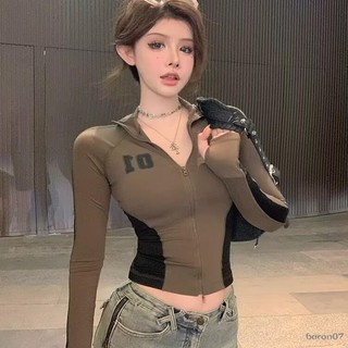 Áo Crop top nữ có khóa kéo dài tay số đồ họa Slim Fit Áo thun dạo phố Áo sơ mi