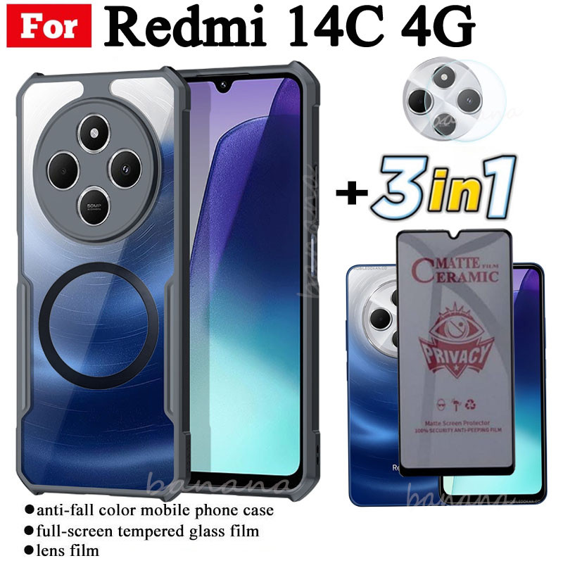 Ốp điện thoại chống sốc 3 trong 1 Redmi 14C có nhãn dán sạc không dây từ tính cho Redmi 13C C65 C75 Kính cường lực chống gián điệp Bảo vệ màn hình và màng ống kính