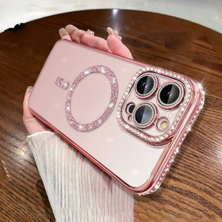 Sang Trọng Bling Pha Lê Ống Kính Phim Ốp Lưng Điện Thoại iPhone 16 15 13 14 Pro Max Plus Từ Tính Sạc Không Dây Trong Suốt