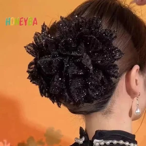 < Honeyba > Thời Trang Lưới Đen Hoa Nữ Đuôi Ngựa Kẹp Mũ Đội Đầu Tính Khí Hoa Vuốt Tóc Mũ Phụ Kiện Tóc