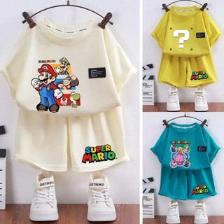 Super Mario Quần Short Tay Ngắn In Hình Hoạt Hình Thoải Mái Waffle Vải Mỏng Bé Trai Và Bé Gái Mặc Mặc Ở Nhà Bộ Pyjama