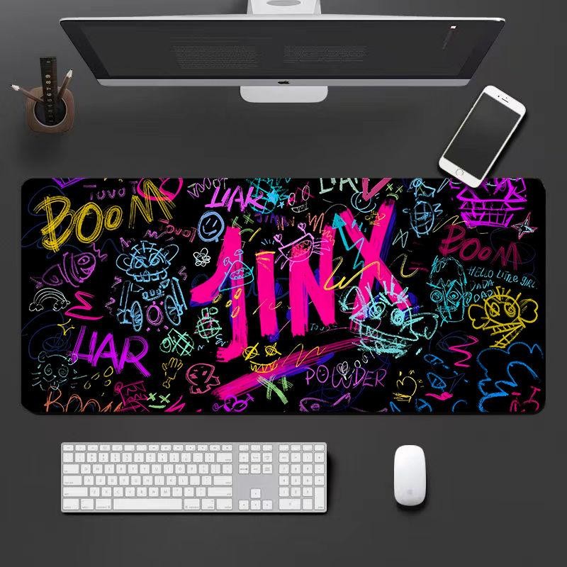 Tấm lót chuột nghệ thuật Jinx Graffiti (90x40cm) - Thiết kế phong cách đường phố của Liên minh huyền thoại, Đế cao su chống trượt, Thảm trải bàn chơi game dày 3MM