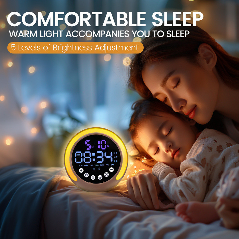 Âm nhạc mới Đồng hồ báo thức LED Đèn xung quanh Đồng hồ đèn LED đánh thức với chế độ hoàng hôn Đèn ngủ hoạt hình trẻ em