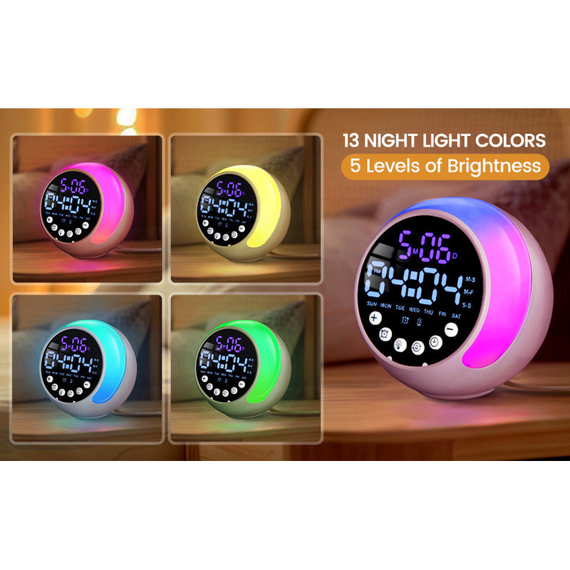 Âm nhạc mới Đồng hồ báo thức LED Đèn xung quanh Đồng hồ đèn LED đánh thức với chế độ hoàng hôn Đèn ngủ hoạt hình trẻ em