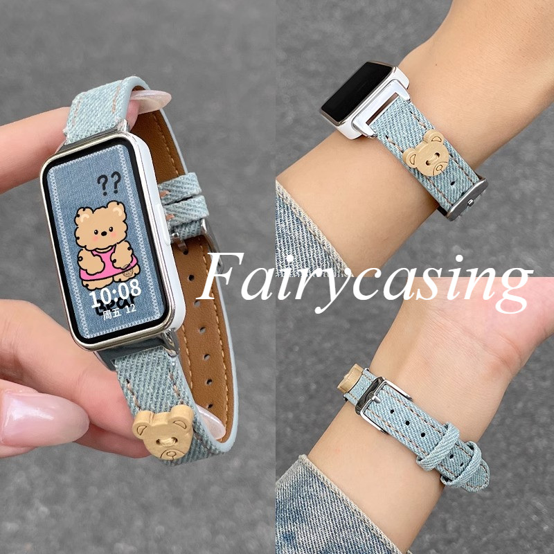 Dây đeo đồng hồ cao bồi gấu nhỏ dễ thương cho Huawei Band 11 Pro 10 9 8 Dây đeo đồng hồ Denim cho Honor Band 9 Vòng đeo tay thay thế