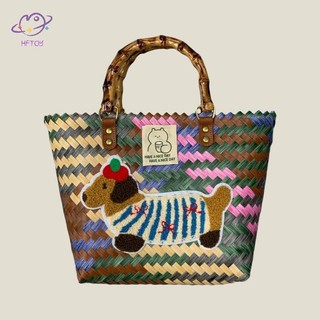 Hftoy Retro Sọc Dachshund Cho Chó Túi Dệt Hợp Thời Trang Dễ Thương Túi Tote Dung Tích Lớn Tay Cầm Tre Thời Trang Túi Giỏ Rau ~