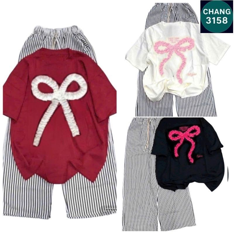 Sét Bộ Đồ Quần Đũi Xốp Kẻ sọc Vằn + mix áo phông form rộng tay lỡ  - Hình nơ dúm---chang3158