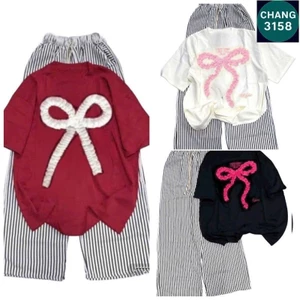 Sét Bộ Đồ Quần Đũi Xốp Kẻ sọc Vằn + mix áo phông form rộng tay lỡ - Hình nơ dúm---chang3158