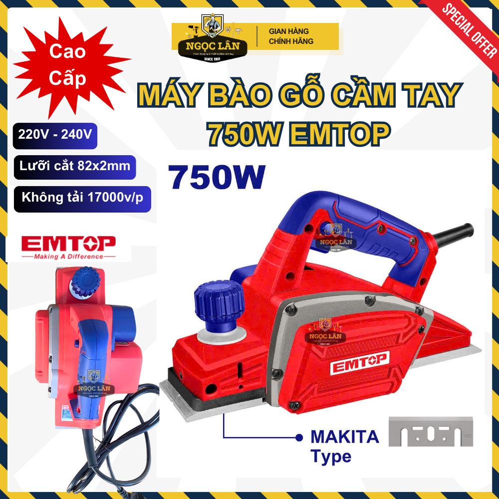 [Chính hãng] Máy bào gỗ cầm tay điện EMTOP 750W lưỡi bào 82x2mm cao cấp