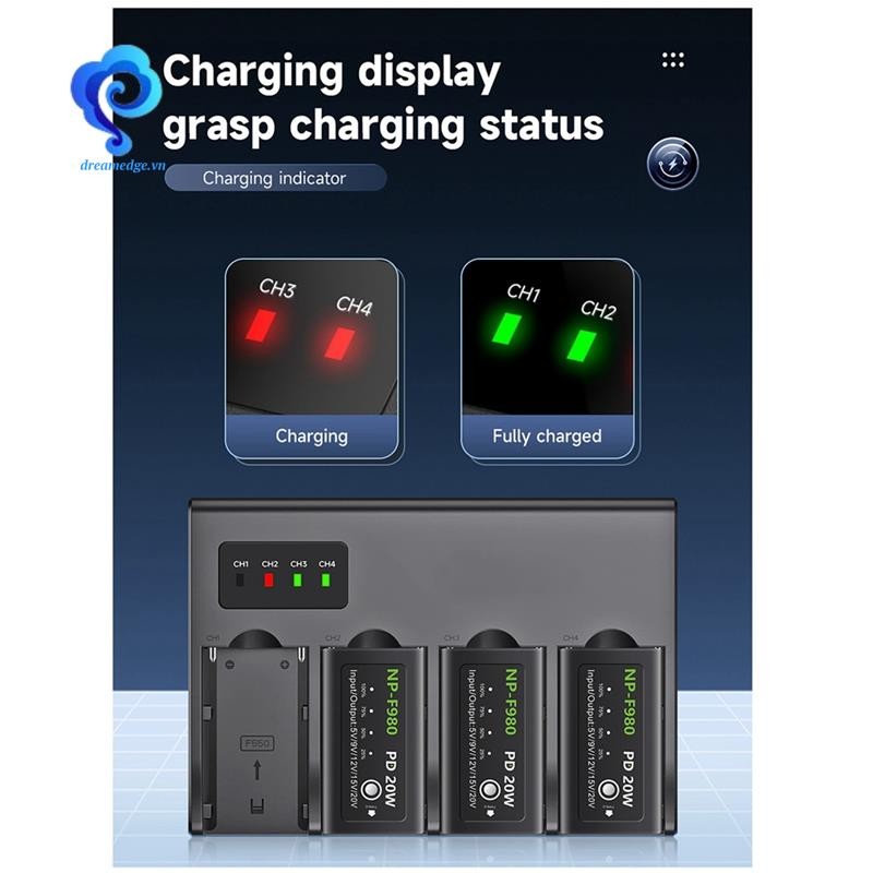 [dreamedge] Bộ sạc pin máy ảnh kỹ thuật số 4 kênh NP F960 NPF970 NP-F970 W Màn hình LCD NP-F550 F750 F970 (Phích cắm US) Dễ dàng cài đặt Dễ dàng sử dụng