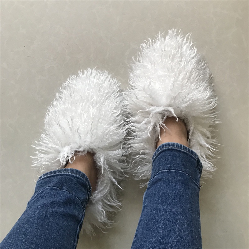 Faux Beach Len Ấm Áp Nữ Dép Cotton Giày Trượt Tuyết Mông Cổ Lông Trượt