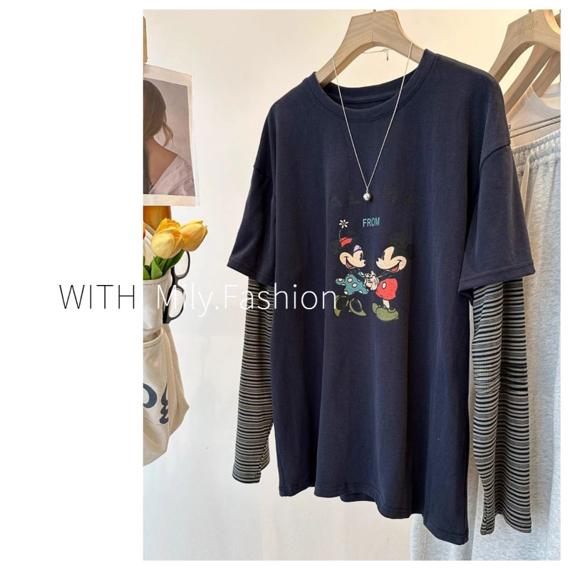 Áo phông ghép đôi dài tay kẻ sọc giả Size Lớn Hàn Quốc Milyfashion áo tôn dáng gầy rộng rãi mùa thu cho nữ