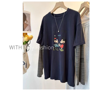 Áo phông ghép đôi dài tay kẻ sọc giả Size Lớn Hàn Quốc Milyfashion áo tôn dáng gầy rộng rãi mùa thu cho nữ