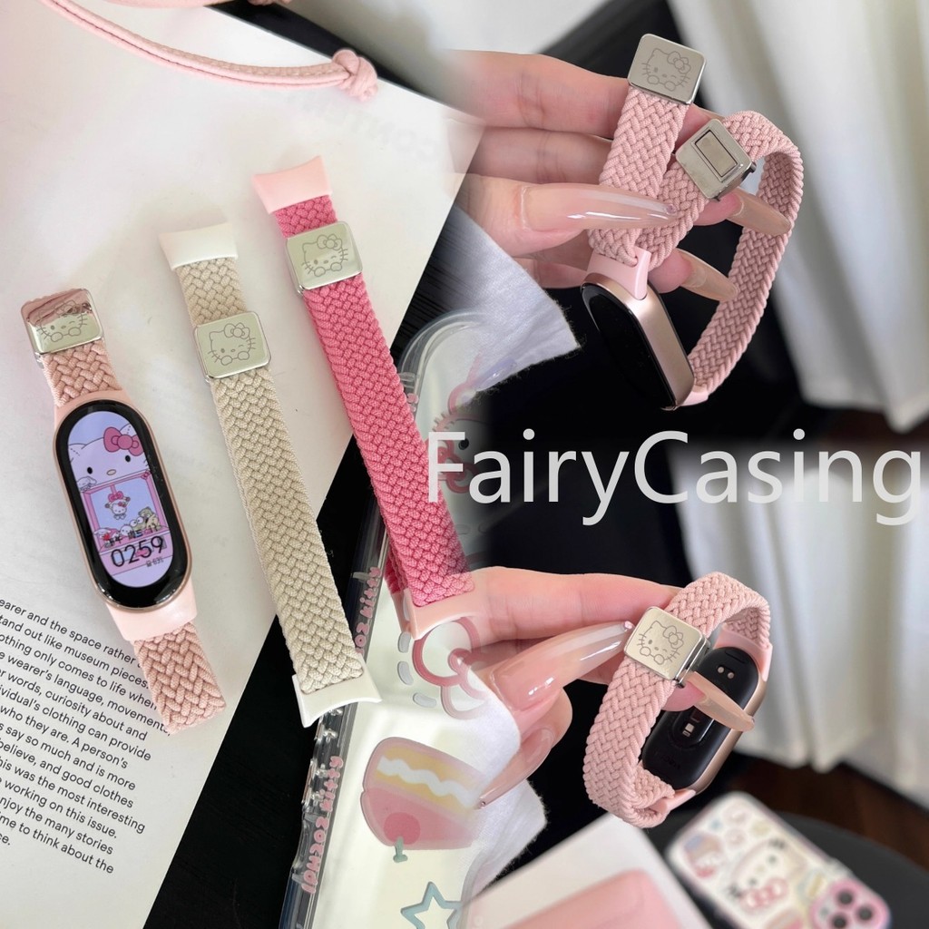 Dây đeo vòng bện từ tính cho dây đeo thông minh Xiaomi 10 9 8 Mi Band 7 6 5 4 3 Vòng tay nam nữ Co giãn Nylon Dây đeo thể thao co giãn Họa tiết mèo dễ thương