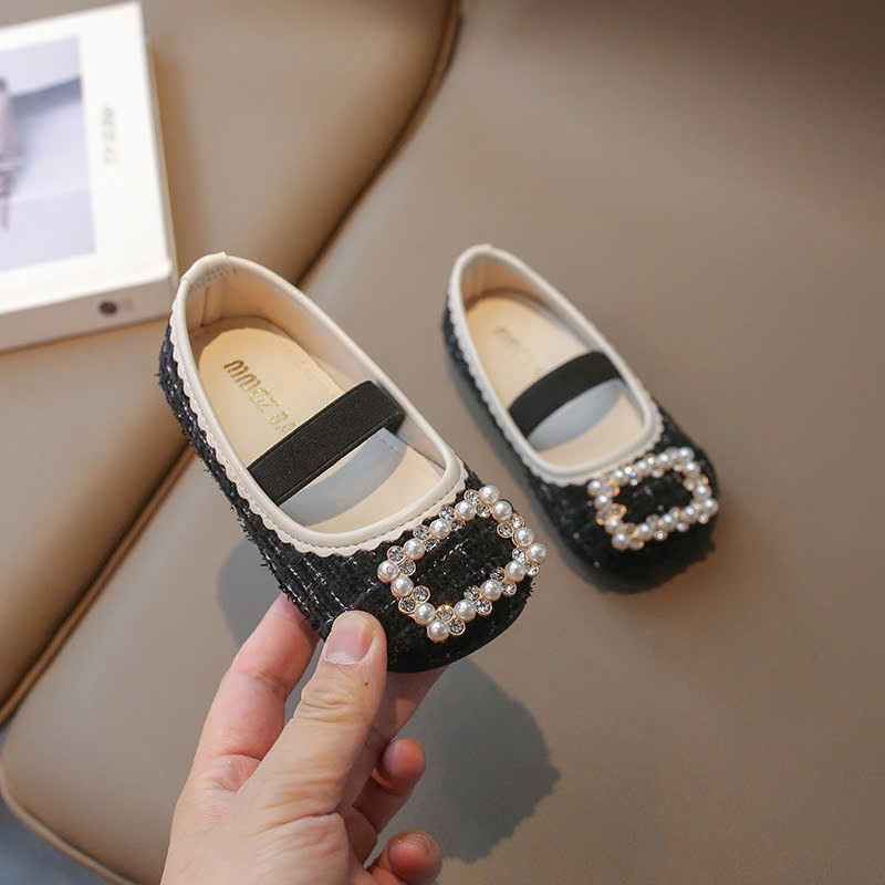 giày búp bê bé gái giày bệt cho bé da PU bọc vải tweed mềm đen trắng không bám bụi êm chân đế dẻo đính đá điệu đà V7713