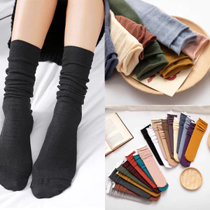 Mới Phong Cách Nhật Bản Cotton Màu Trơn Rời Dài Tất Cotton Đan Đen Trắng Cà Phê Tất Nữ