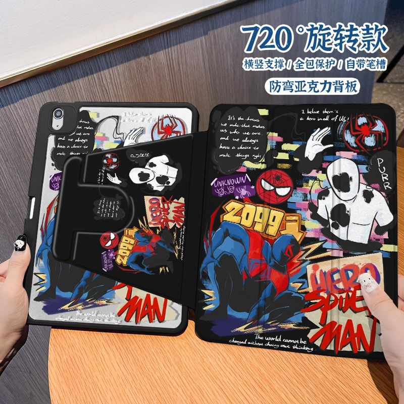 Hoạt Hình Người Nhện Xoay 360 Độ Cho iPad Máy Tính Bảng Case2024air6 Pro11 Air3 / 4 / 5 10.9 10.5gen10th 2022Mini4 / 5 / 6 7.9 8.3 Air1 / 2 9.7gen7gen8gen9 10.2with Nắp Bảo Vệ Khe Cắm Bút