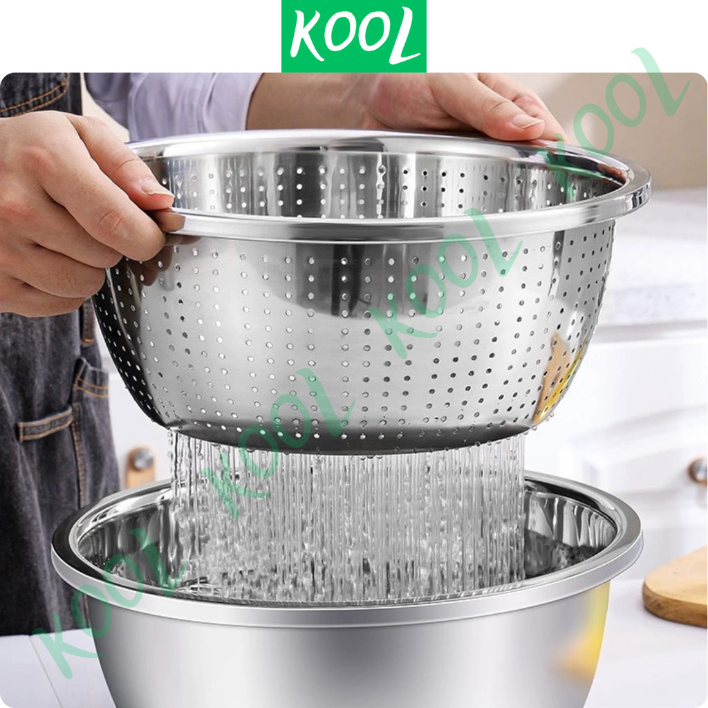 Thau rổ inox đa năng KOOL RB21124 chậu rổ inox, thau trộn rửa rau nhiều size