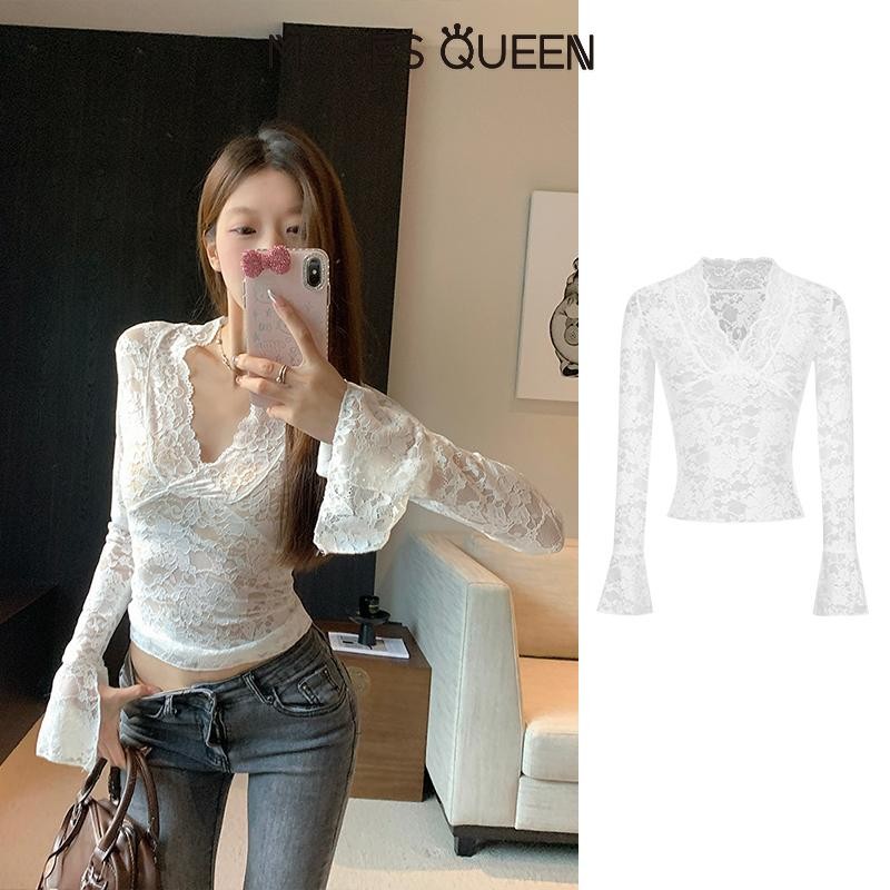 MOSESQUEEN  Áo Sơ Mi Ren Cổ Chữ V Thiết Kế Cảm Giác Gợi Cảm Pure Desire Eo Mỏng Mỏng Niche Đa Năng Top #62305