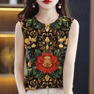 Mùa Hè 2025 Cổ Tròn Phong Cách Dân Tộc In Hình Băng Lụa Áo Nữ Trung Niên Người Cao Tuổi Không Tay Top