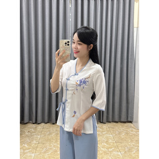 set lụa thêu bông đào pháp phục đi chùa, cổ tim trẻ trung
