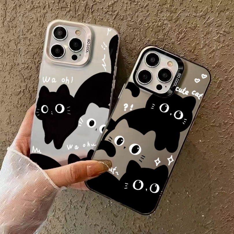 Ốp Điện Thoại Mạ Điện Mờ Cho Samsung S24 S23 S22 S21 Ultra Plus S20 S21 FE M14 M12 M31 M23 M32 M22 Mới Mèo Nhỏ Đen Dễ Thương Cặp Đôi IMD Cover